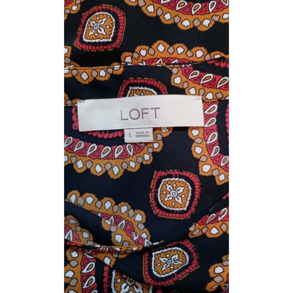 LOFT Medallion Print Ruffle Shoulder Blouse Womens L Bar Back Boho Top - Picture 10 of 14